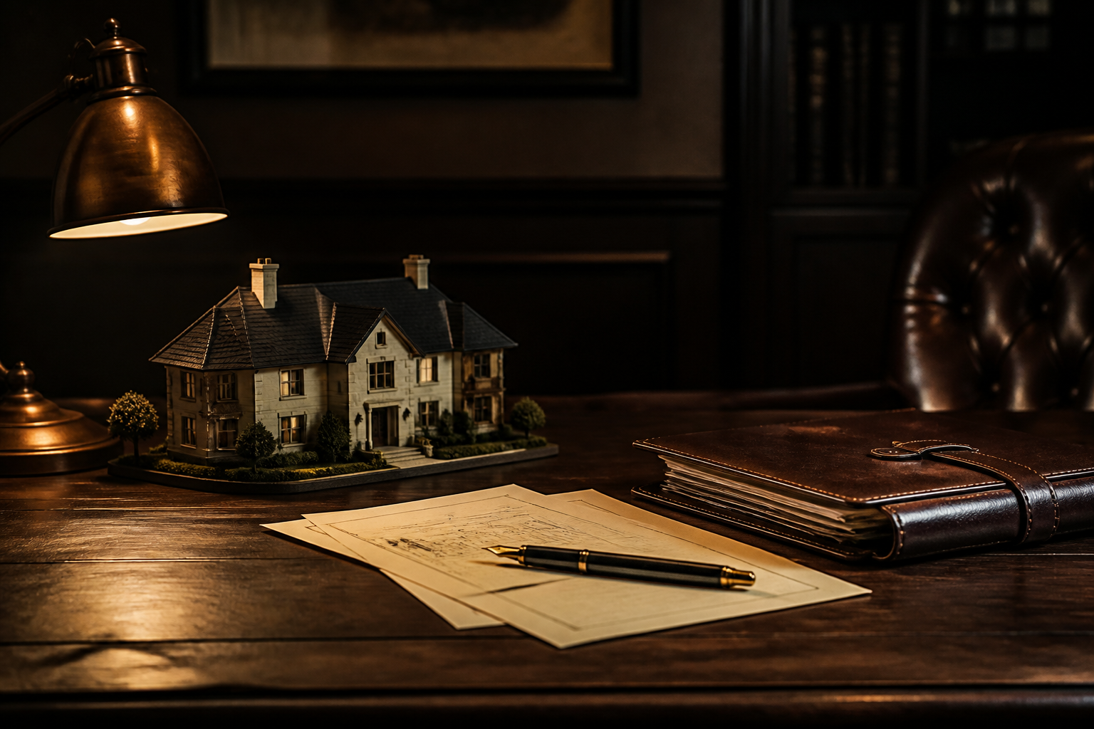 A desk lamp lighting a scale-model house, fountain pen, and leather portfolio on a dark wood desk.